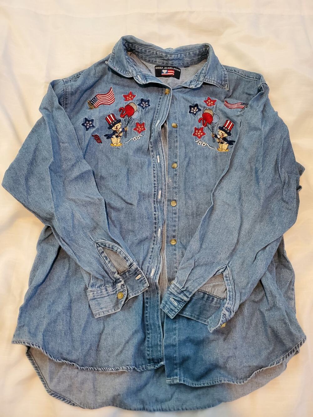 Quizz Again Embroidered Flag Denim Shirt Long Sleeve Patriotic size medium. A11